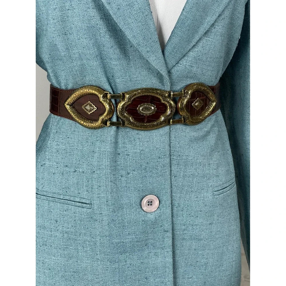 Brighton Vintage Brown Croc Embossed Leather Belt Ornate Gold Buckle 45707 S